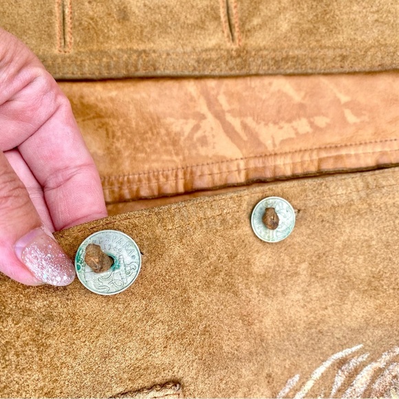 UPCYCLED Suede leather boho vest rustic native metalic feather artisan accents - Picture 7 of 16